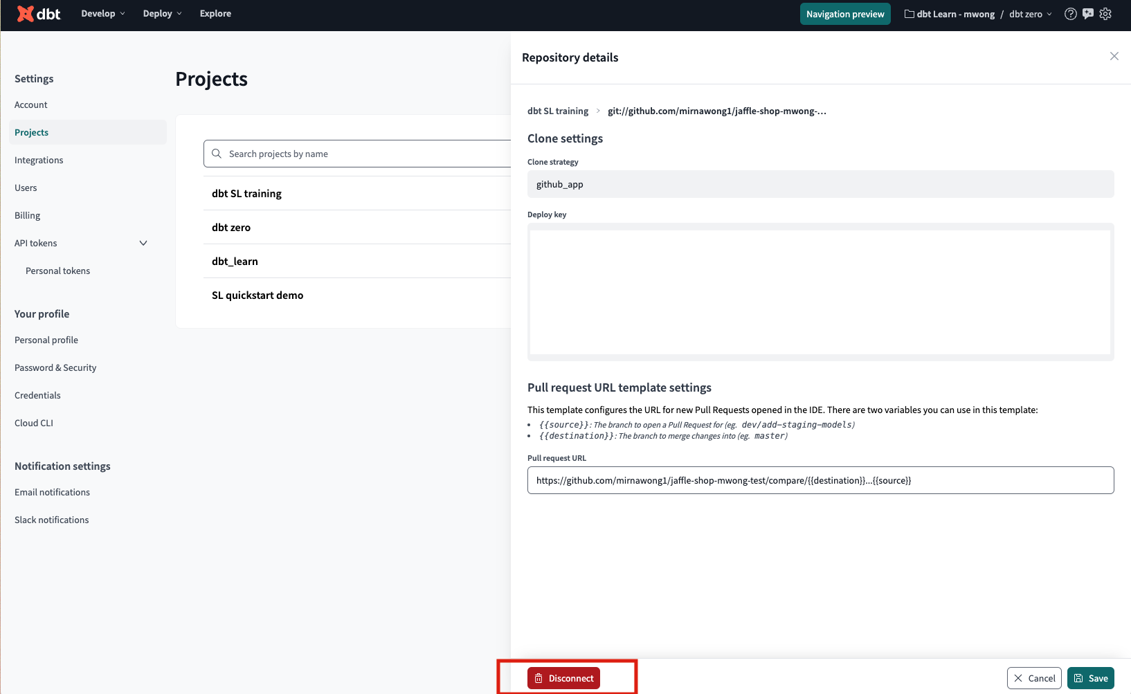 Disconnect your GitHub connection in the 'Repository details' page. Disconnect your GitHub connection in the 'Repository details' page.